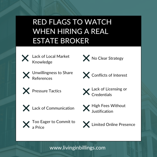 Red flags to watch for when hiring a real estate broker near me, including lack of local knowledge, communication, and strategy