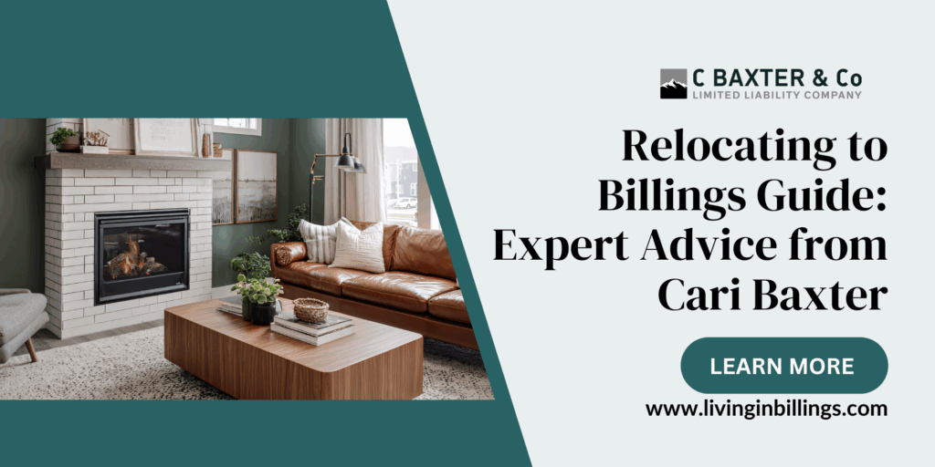 Website banner for Relocating to Billings guide featuring cozy living room photo and text Expert Advice from Cari Baxter