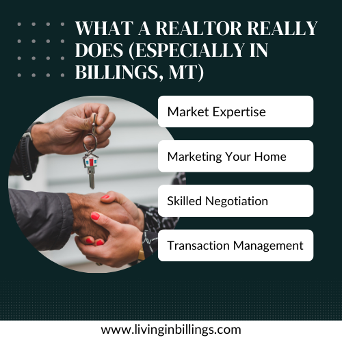 Graphic showing what a REALTOR does in Billings MT, including market expertise, marketing, negotiation, and transaction management