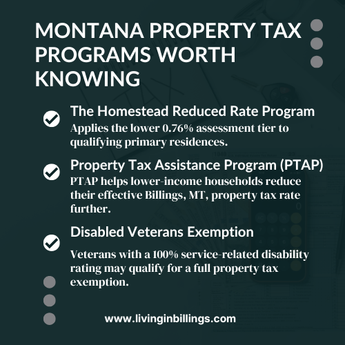 A graphic detailing 2026 property tax relief programs like PTAP for billings mt property tax guide