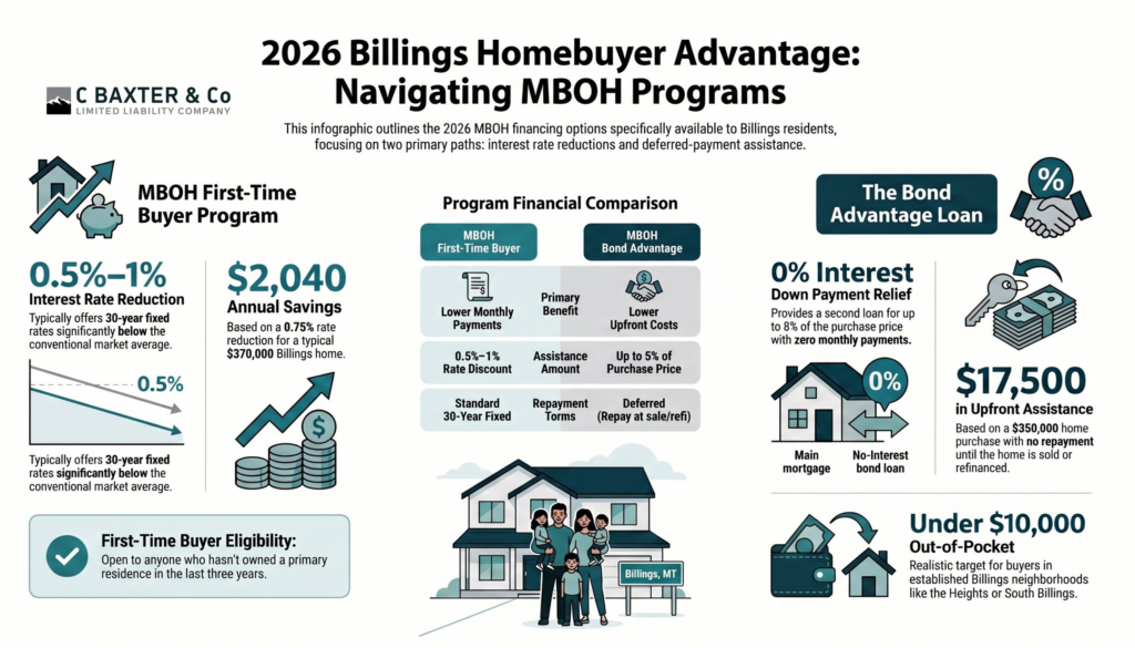 Infographic comparing 2026 Billings homebuyer programs: Montana Board of Housing (MBOH) First-Time Buyer interest rate reduction vs. Bond Advantage down payment assistance