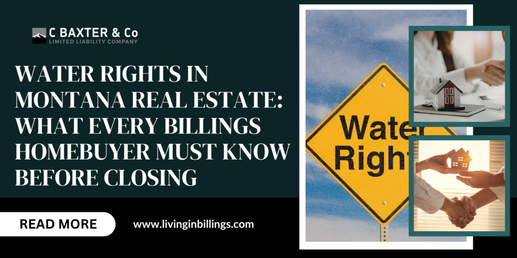 Graphic highlighting water rights in Montana real estate essentials for Billings homebuyers before closing