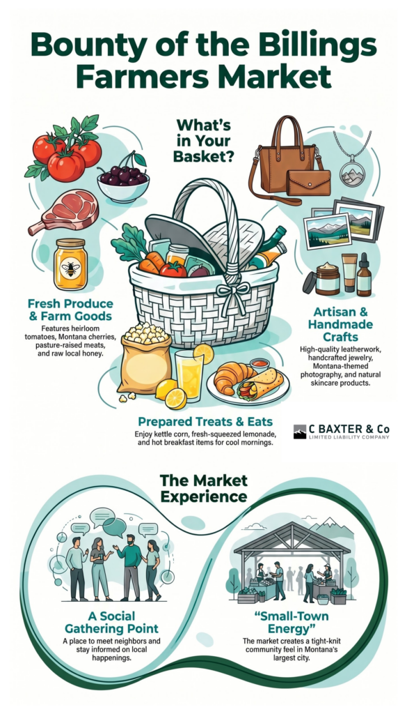 Infographic showing fresh produce, crafts, and treats you will find at the Billings farmers market this season