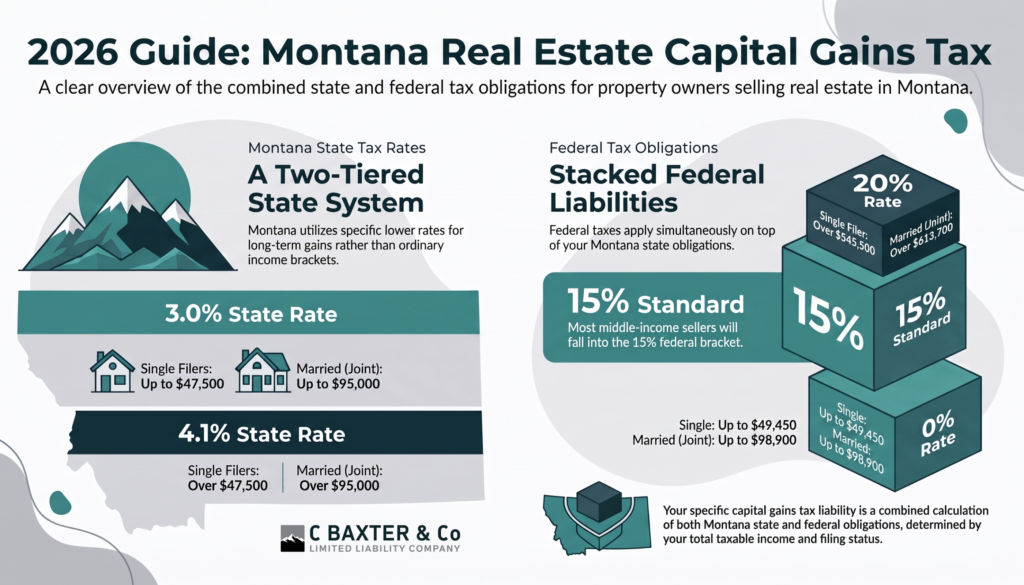 Infographic detailing Montana state and federal capital gains tax on home sale brackets for the 2026 tax year