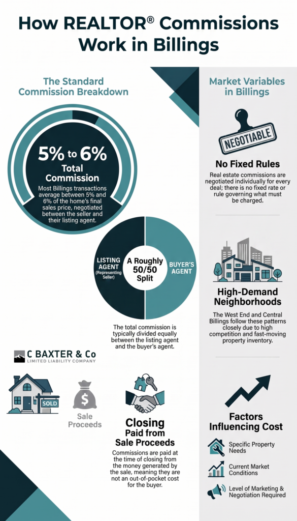 Infographic breaking down who pays realtor fees and how commissions work in Billings MT in 2026