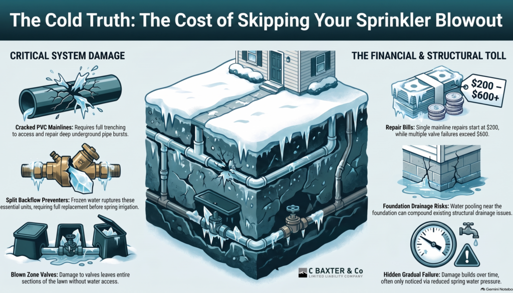 Infographic showing costly pipe damage from skipping a winter sprinkler blowout billings mt